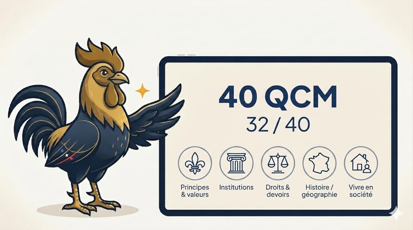 Examen civique 2026 — illustration : la mascotte Civiqio (Coq Gaulois) présente une tablette affichant « 40 QCM · 32/40 » et les cinq thèmes de l'examen (principes & valeurs, institutions, droits & devoirs, histoire/géographie, vivre en société).