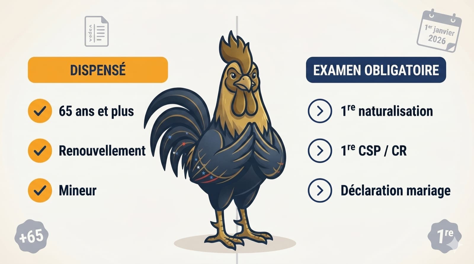 Examen civique 2026 — qui est dispensé, qui doit le passer : la mascotte Civiqio (Coq Gaulois) se tient au centre comme arbitre, encadrée par deux colonnes — à gauche « DISPENSÉ » (65 ans et plus, renouvellement, mineur) sous pastille dorée, à droite « EXAMEN OBLIGATOIRE » (1ʳᵉ naturalisation, 1ʳᵉ CSP/CR, déclaration mariage) sous pastille bleu marine.