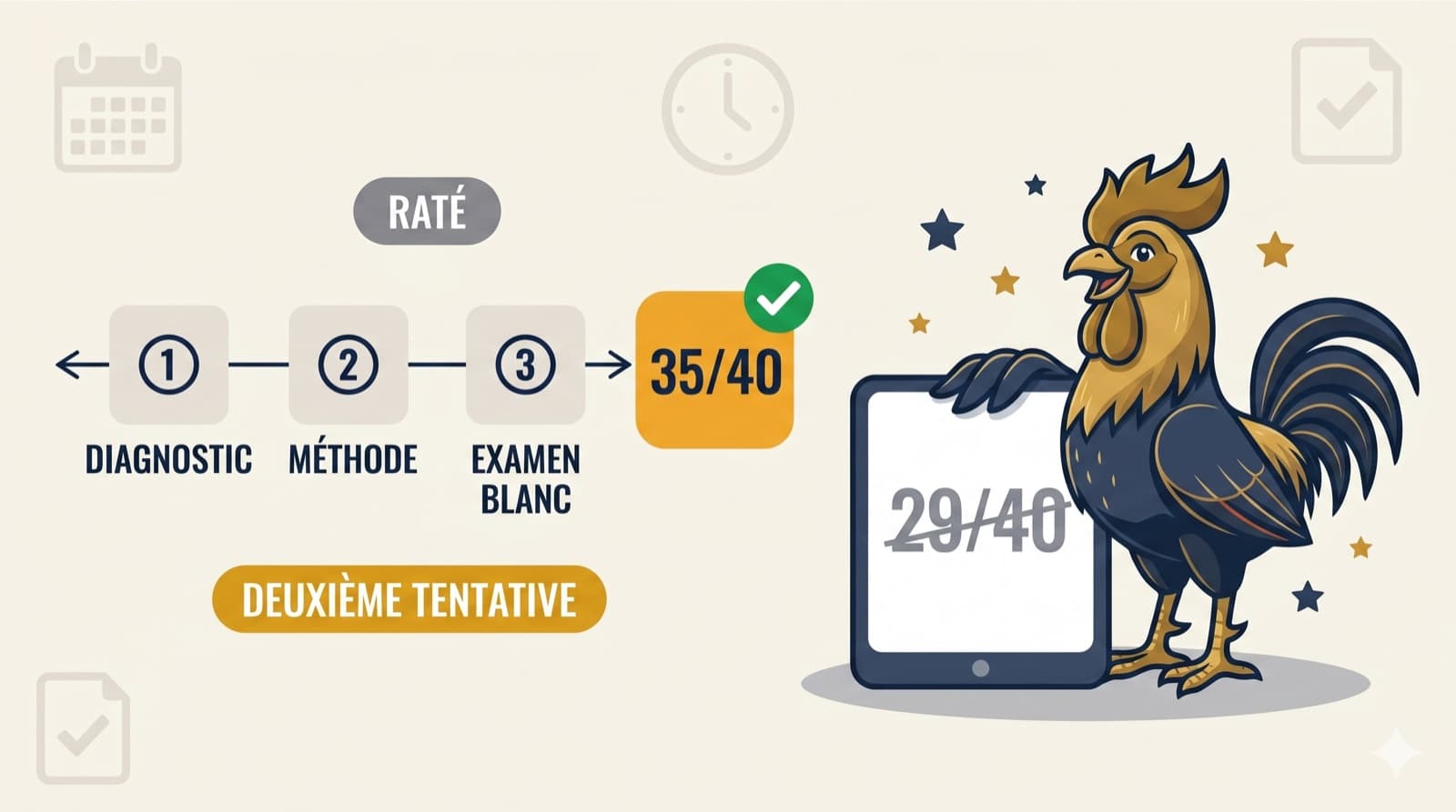 J'ai raté l'examen civique 2026 — illustration : la mascotte Civiqio (Coq Gaulois) pose une aile rassurante sur un écran affichant « 29/40 », à côté d'un plan de révision en 3 étapes menant à un « 35/40 » validé en vert.